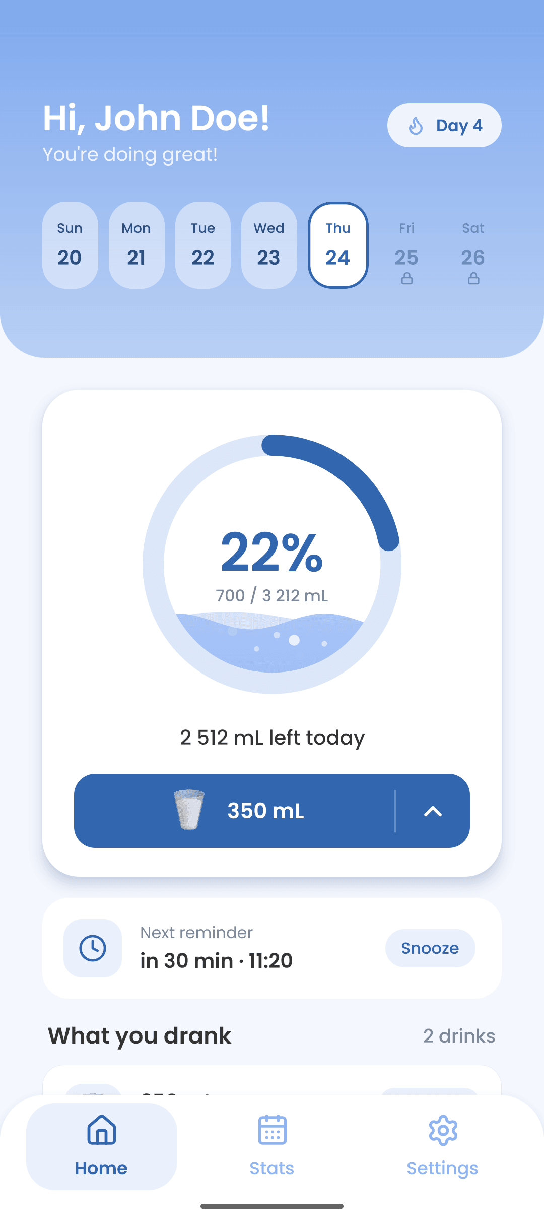 The DrinkUp home screen, showing today's ring at 22 per cent